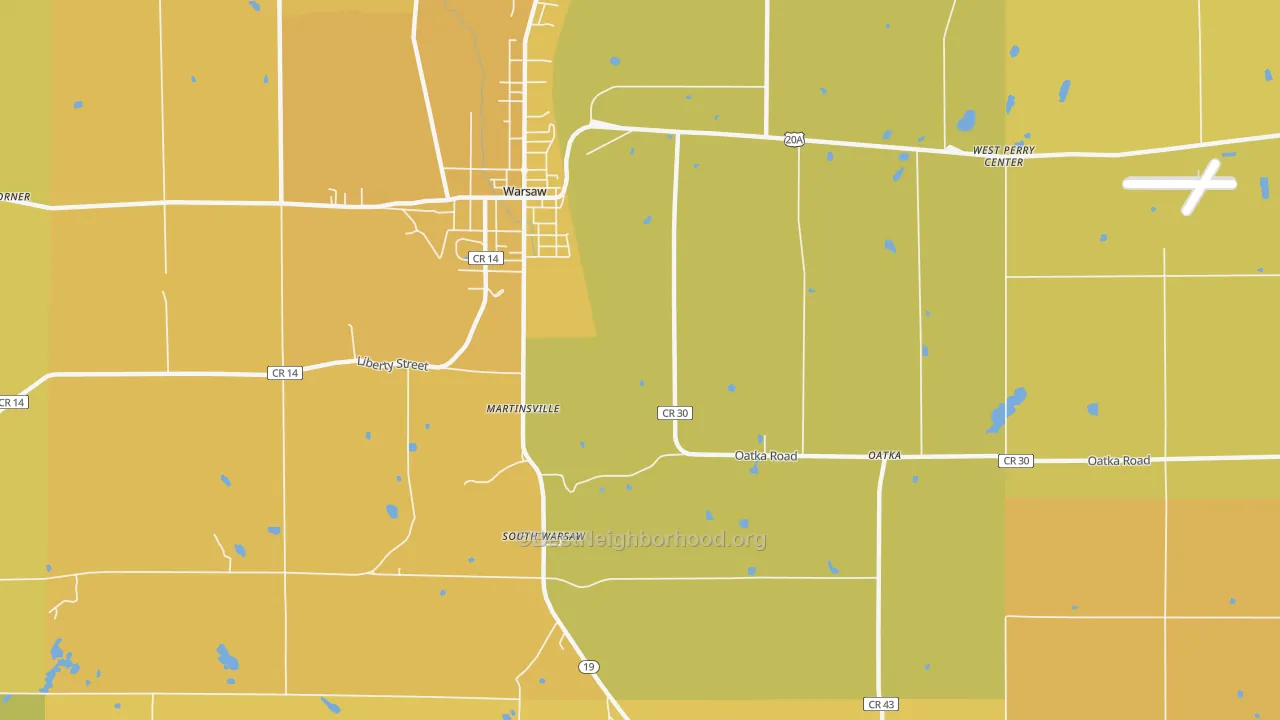 Map of the best neighborhoods in the South Warsaw area, with better matches in green and worse matches in red