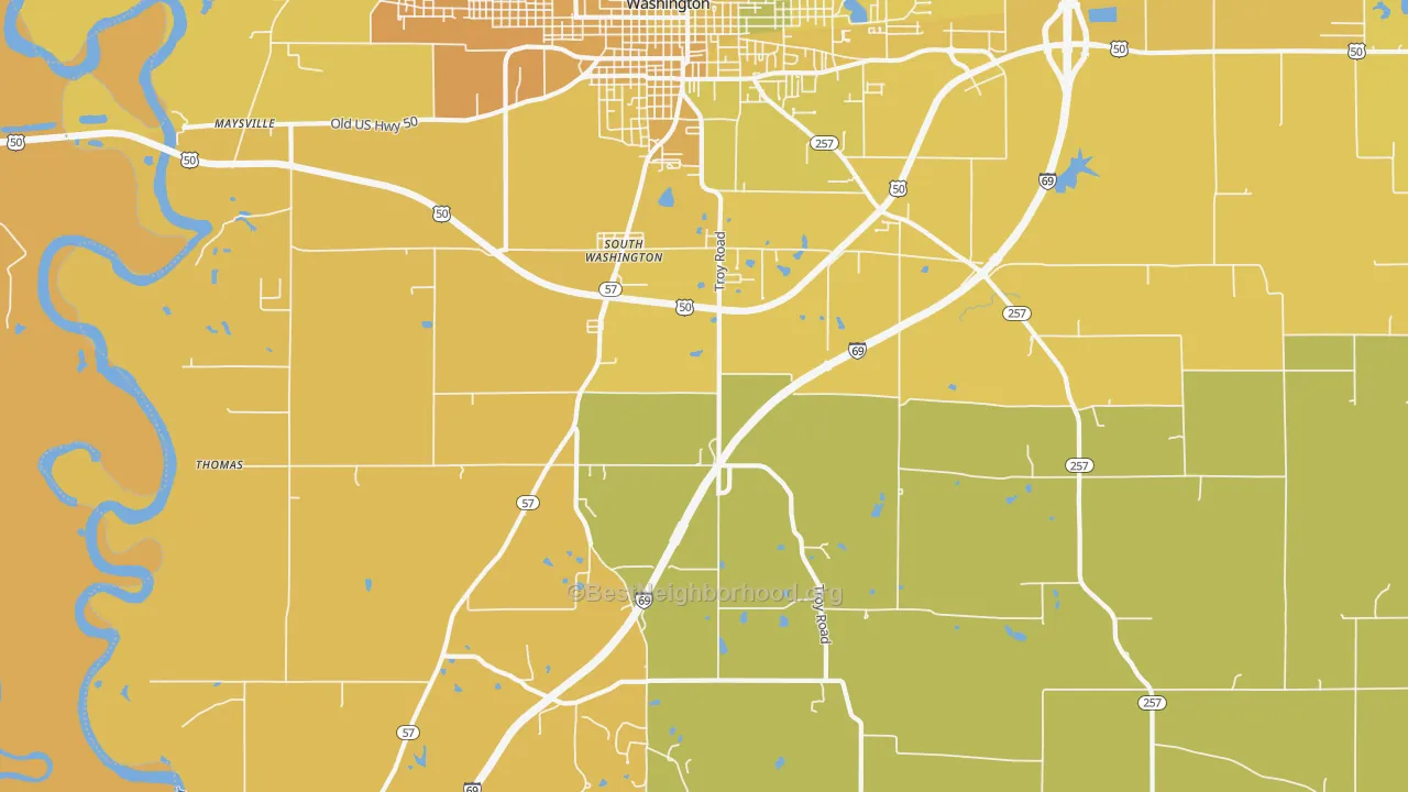 Map of the best neighborhoods in the South Washington area, with better matches in green and worse matches in red