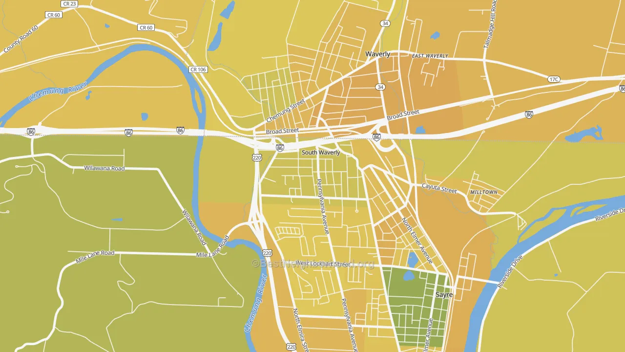 Map of the best neighborhoods in the South Waverly area, with better matches in green and worse matches in red