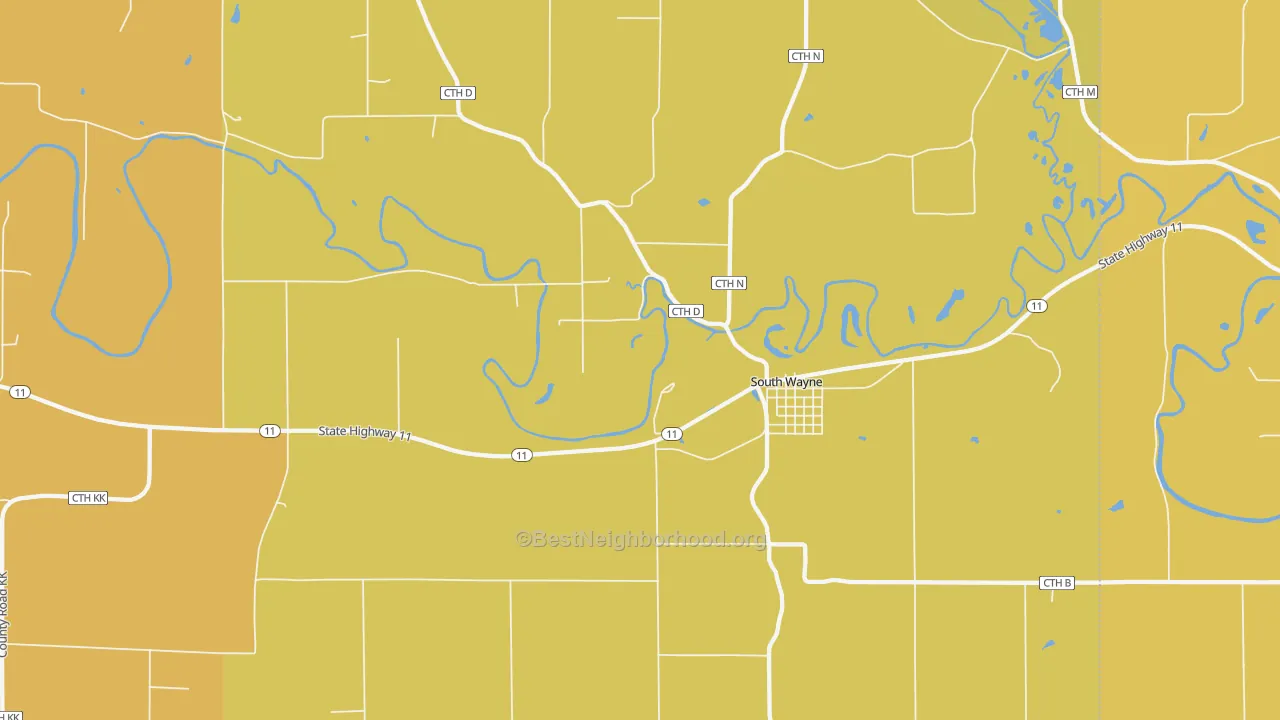 Map of the best neighborhoods in the South Wayne area, with better matches in green and worse matches in red