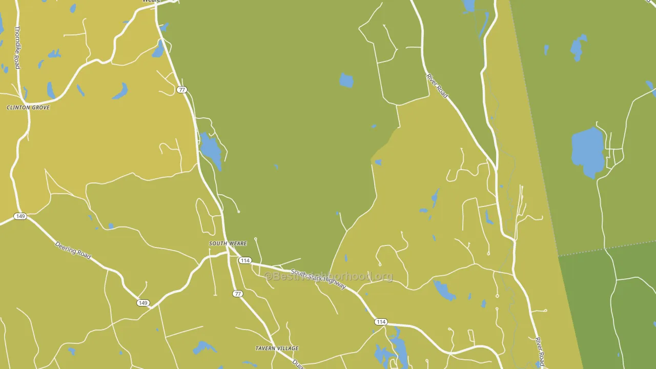 Map of the best neighborhoods in the South Weare area, with better matches in green and worse matches in red
