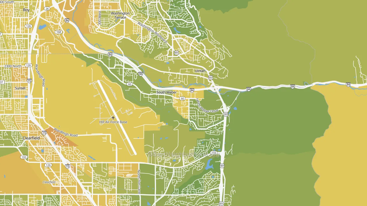 Map of the best neighborhoods in the South Weber area, with better matches in green and worse matches in red