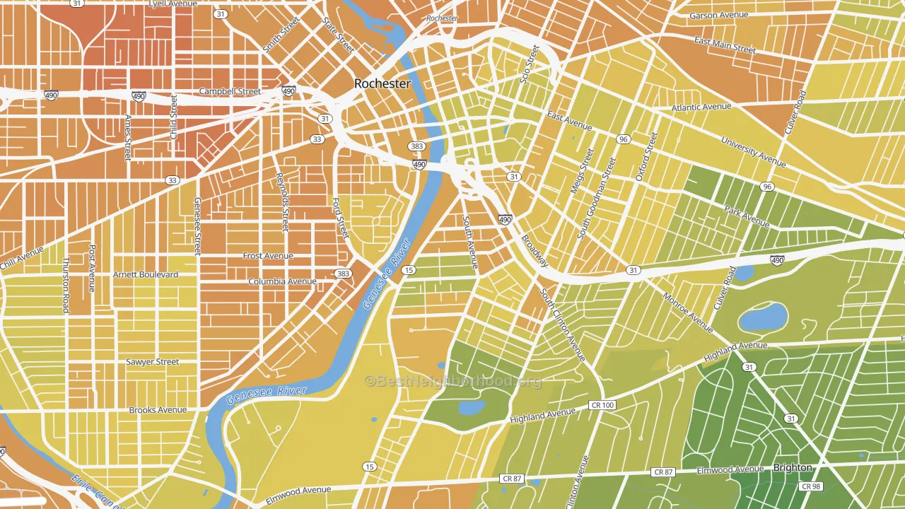 Map of the best neighborhoods in the South Wedge, Rochester area, with better matches in green and worse matches in red