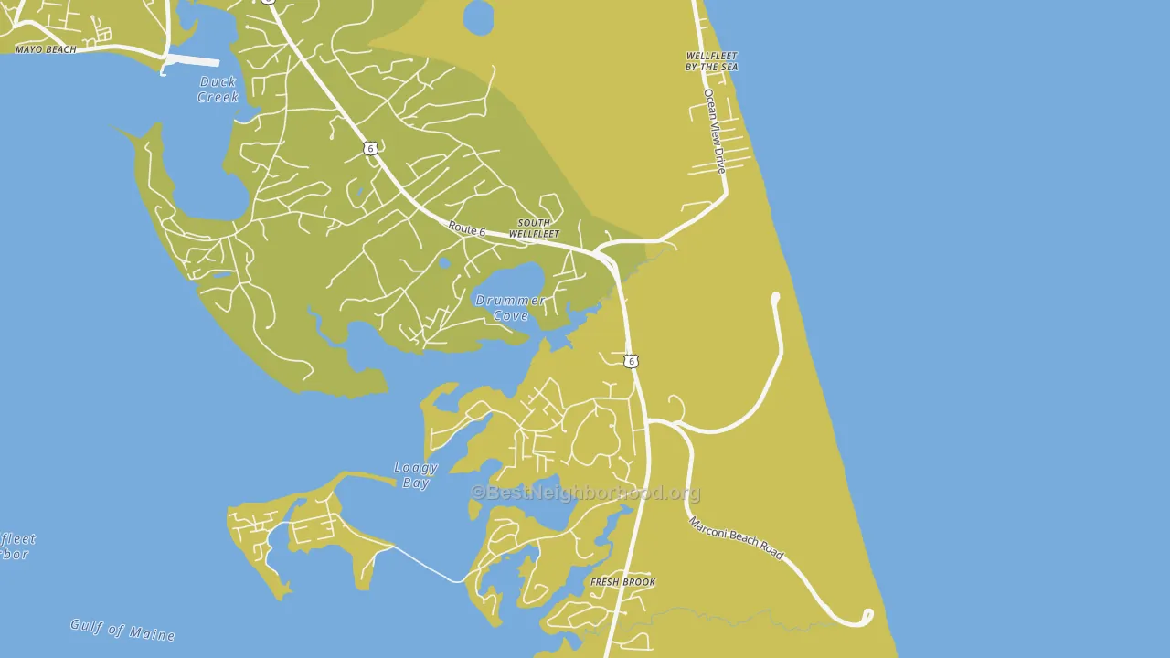 Map of the best neighborhoods in the South Wellfleet area, with better matches in green and worse matches in red