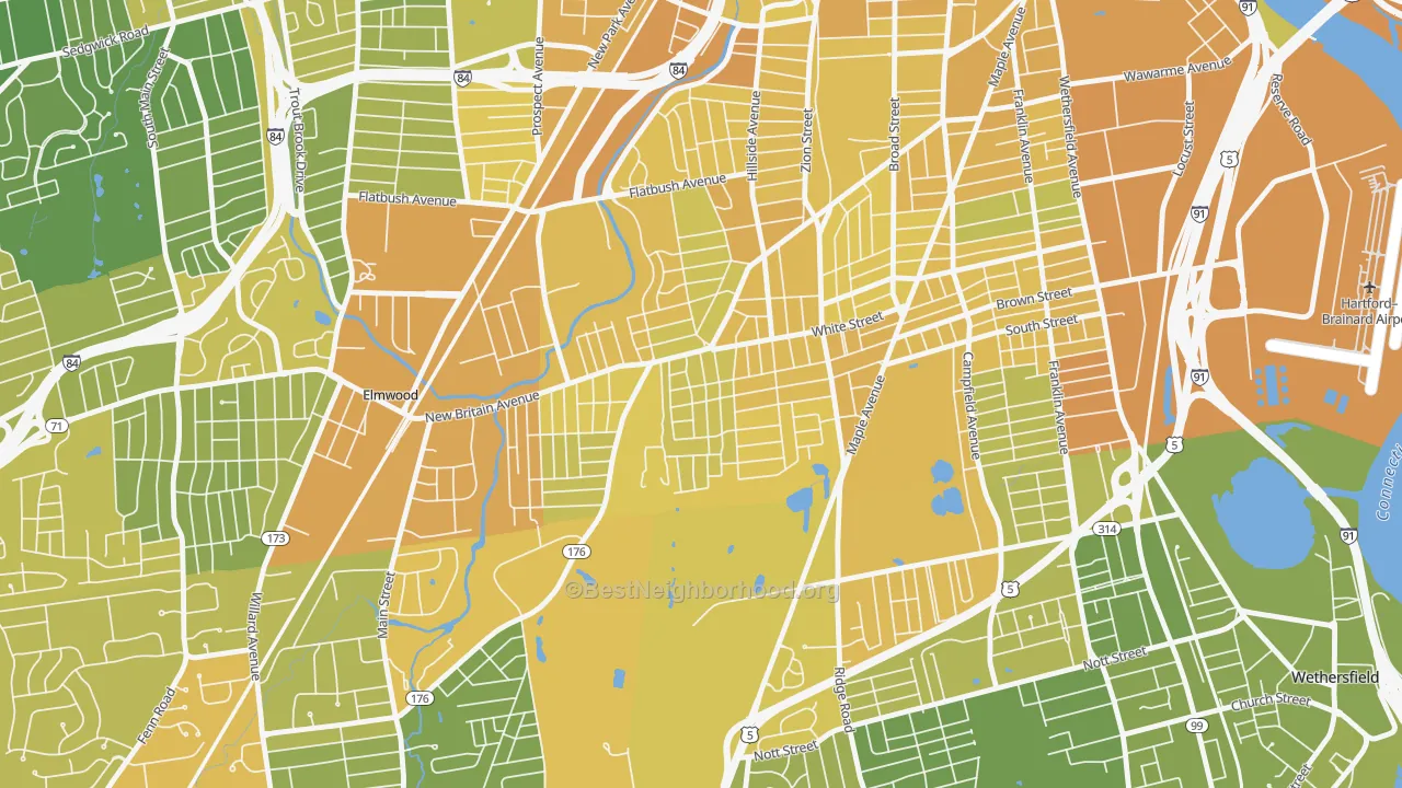 Map of the best neighborhoods in the South West, Hartford area, with better matches in green and worse matches in red