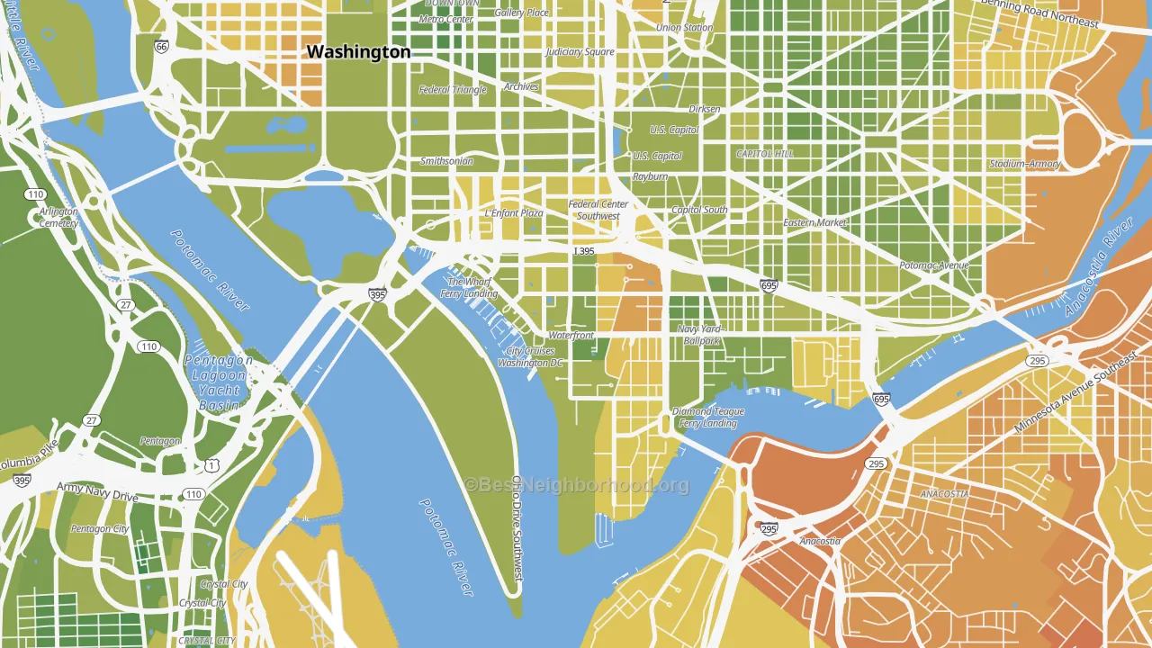 Map of the best neighborhoods in the South West, Washington area, with better matches in green and worse matches in red