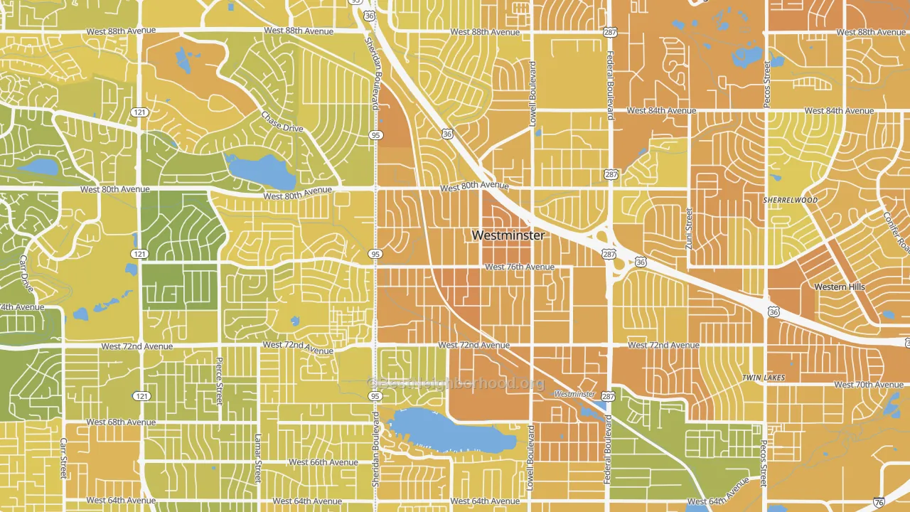 Map of the best neighborhoods in the South Westminster, Westminster area, with better matches in green and worse matches in red