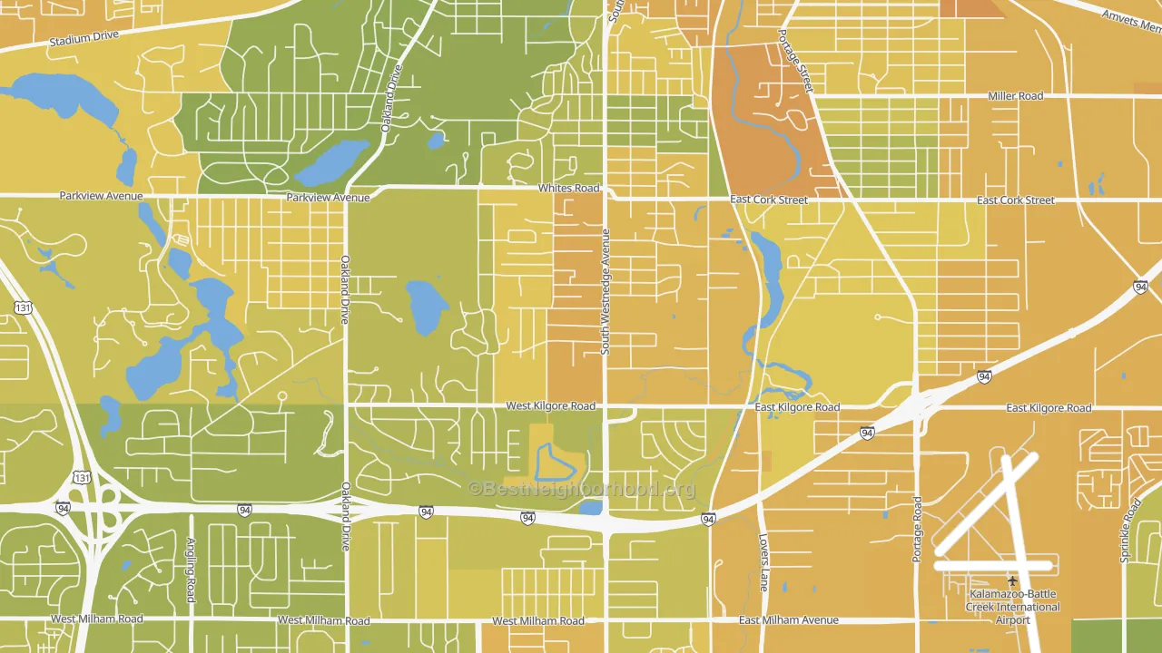 Map of the best neighborhoods in the South Westnedge, Kalamazoo area, with better matches in green and worse matches in red