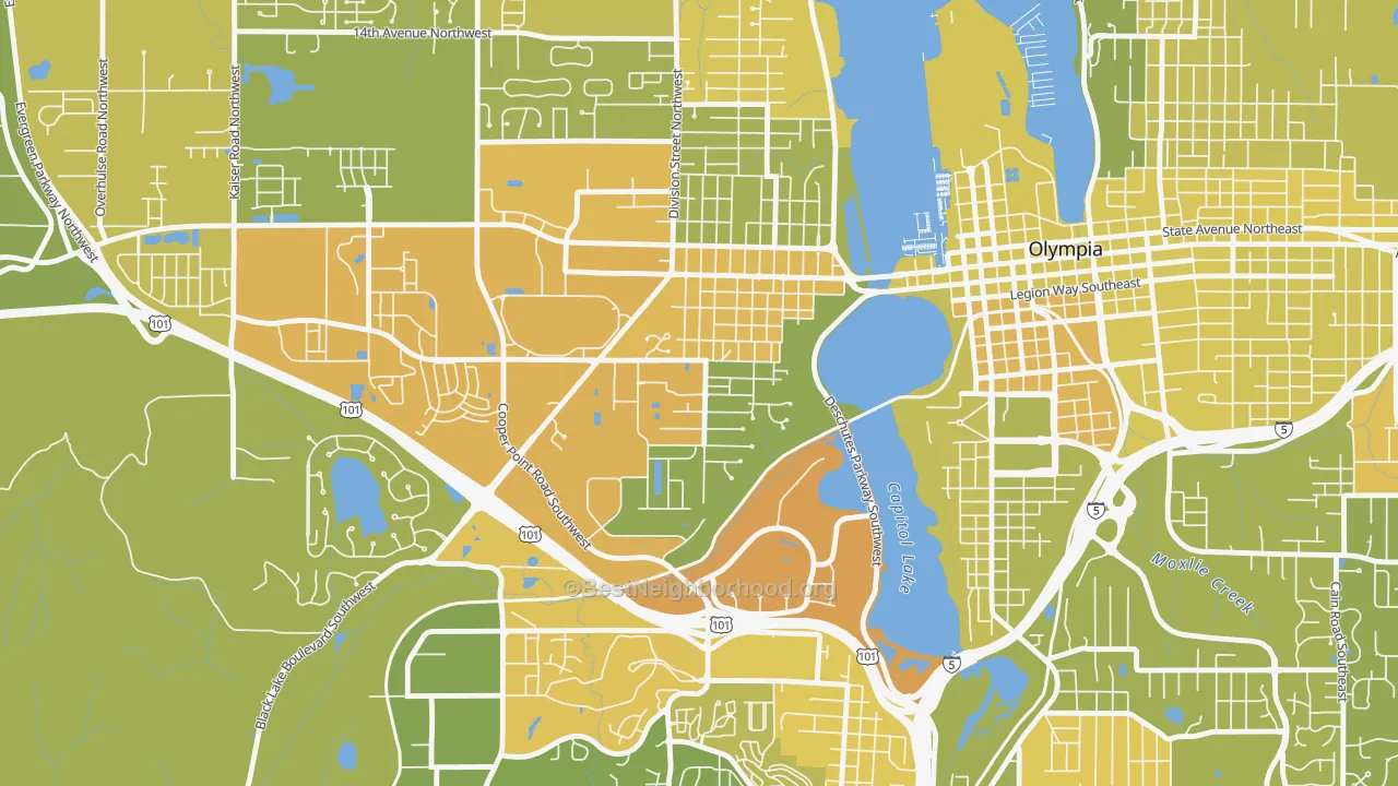 Map of the best neighborhoods in the South Westside, Olympia area, with better matches in green and worse matches in red