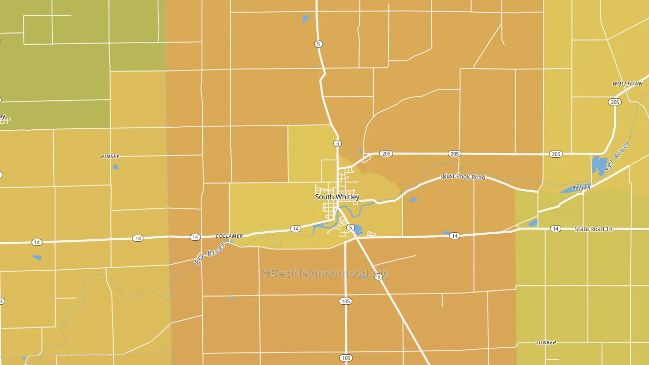 Map of the best neighborhoods in the South Whitley area, with better matches in green and worse matches in red
