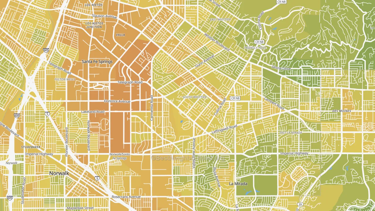 Map of the best neighborhoods in the South Whittier area, with better matches in green and worse matches in red