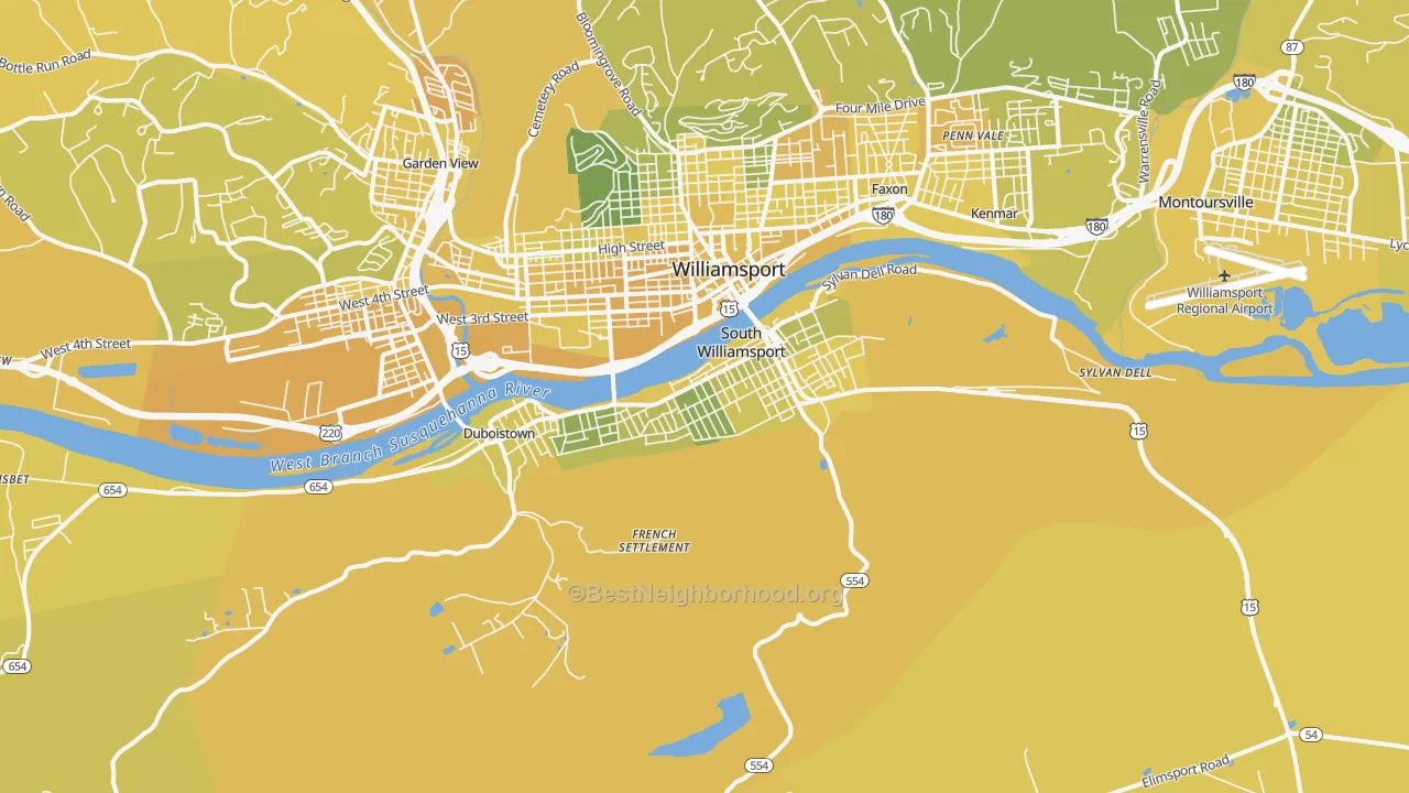Map of the best neighborhoods in the South Williamsport area, with better matches in green and worse matches in red