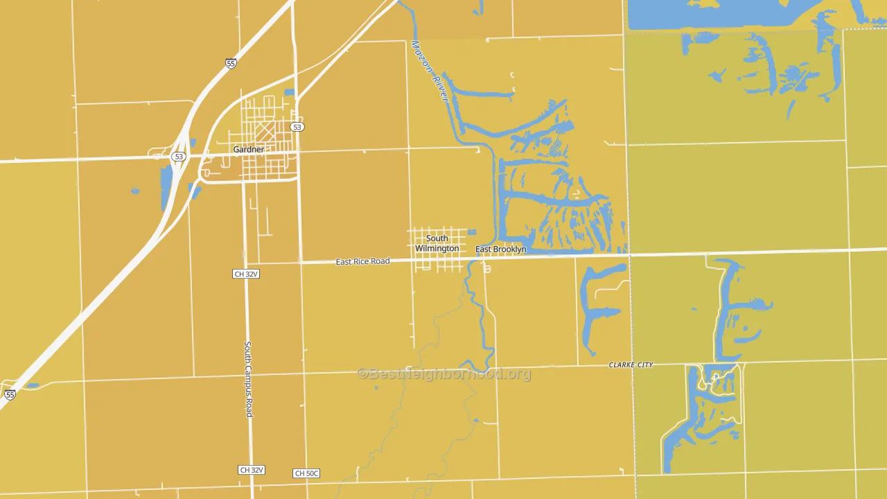 Map of the best neighborhoods in the South Wilmington area, with better matches in green and worse matches in red