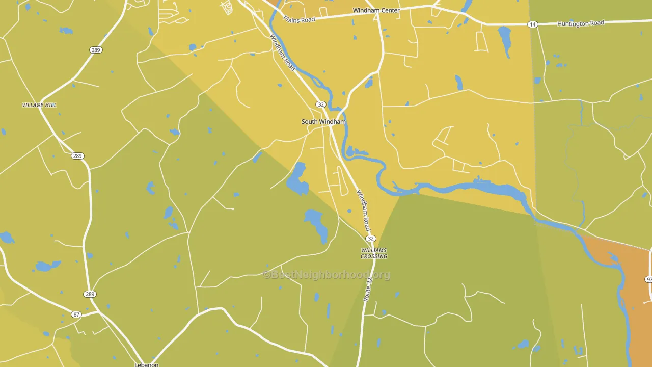 Map of the best neighborhoods in the South Windham area, with better matches in green and worse matches in red