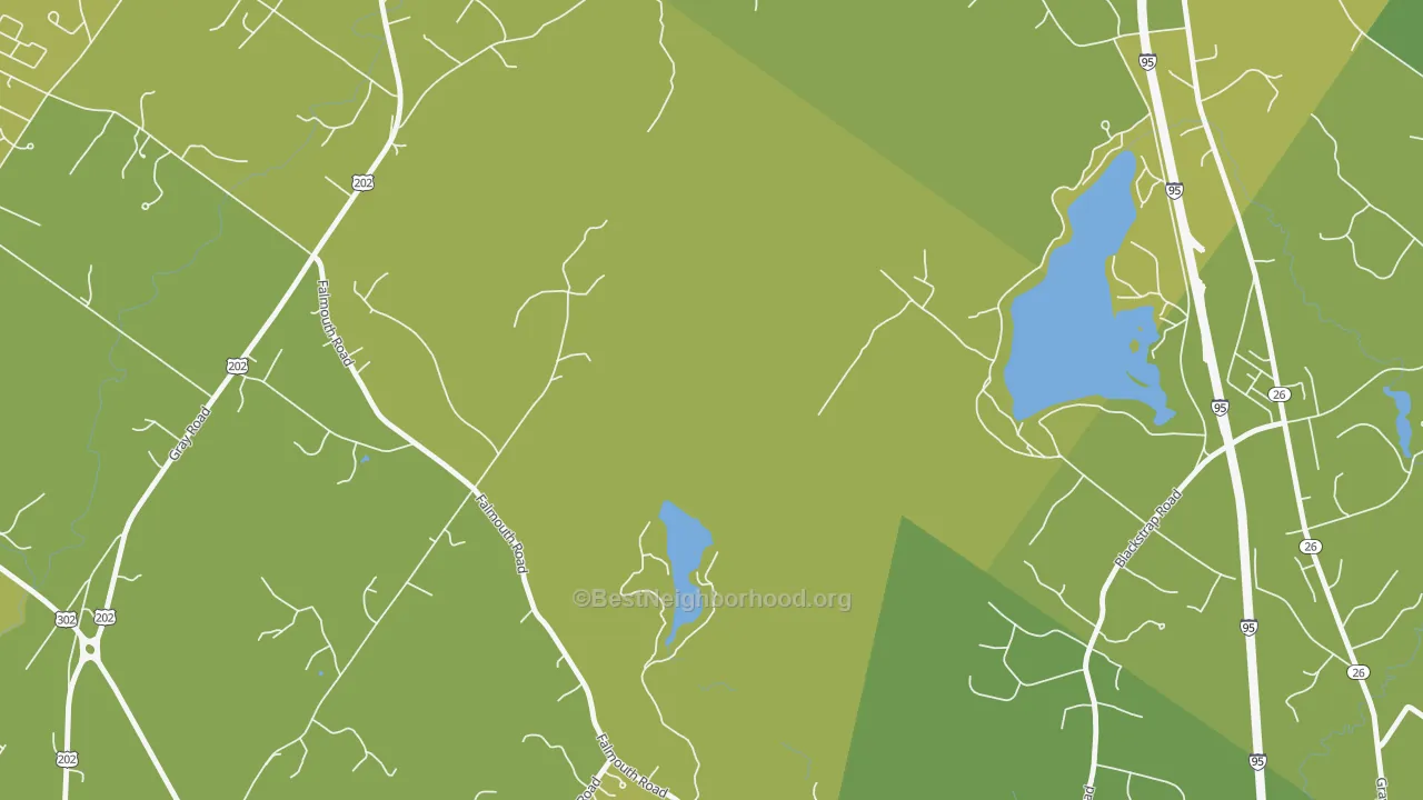 Map of the best neighborhoods in the South Windham area, with better matches in green and worse matches in red