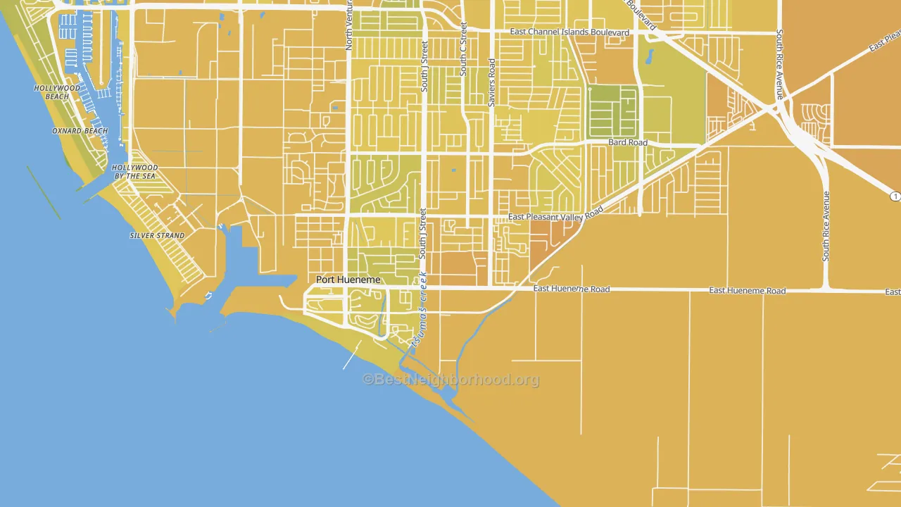 Map of the best neighborhoods in the South Winds, Oxnard area, with better matches in green and worse matches in red