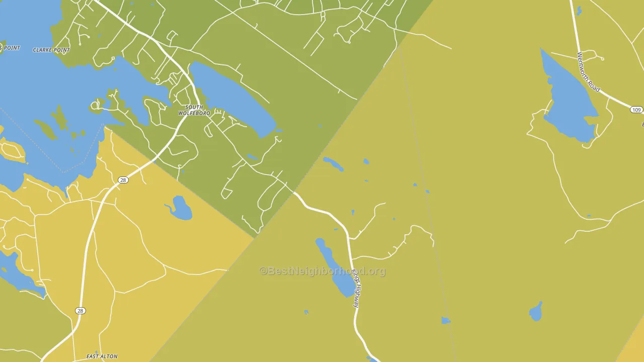 Map of the best neighborhoods in the South Wolfeboro area, with better matches in green and worse matches in red