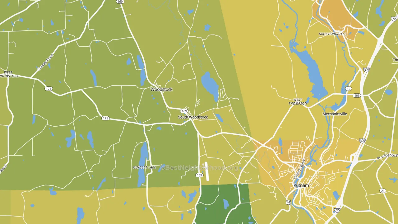 Map of the best neighborhoods in the South Woodstock area, with better matches in green and worse matches in red