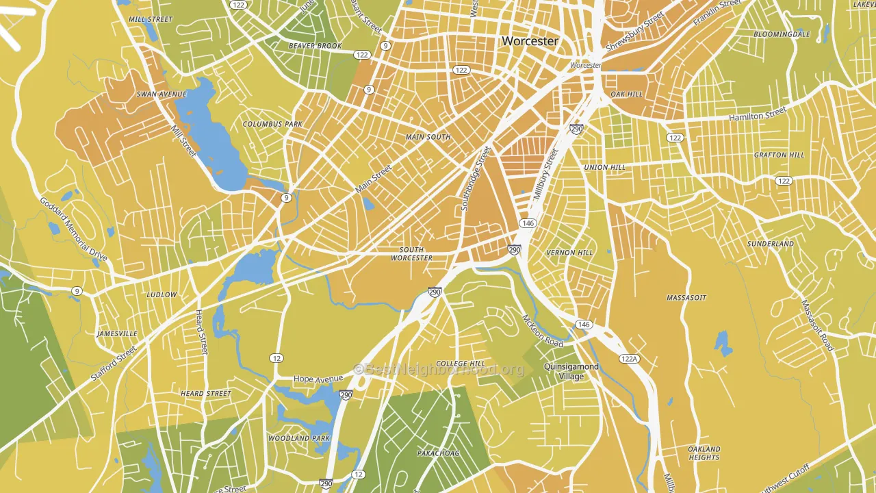 Map of the best neighborhoods in the South Worcester, Worcester area, with better matches in green and worse matches in red