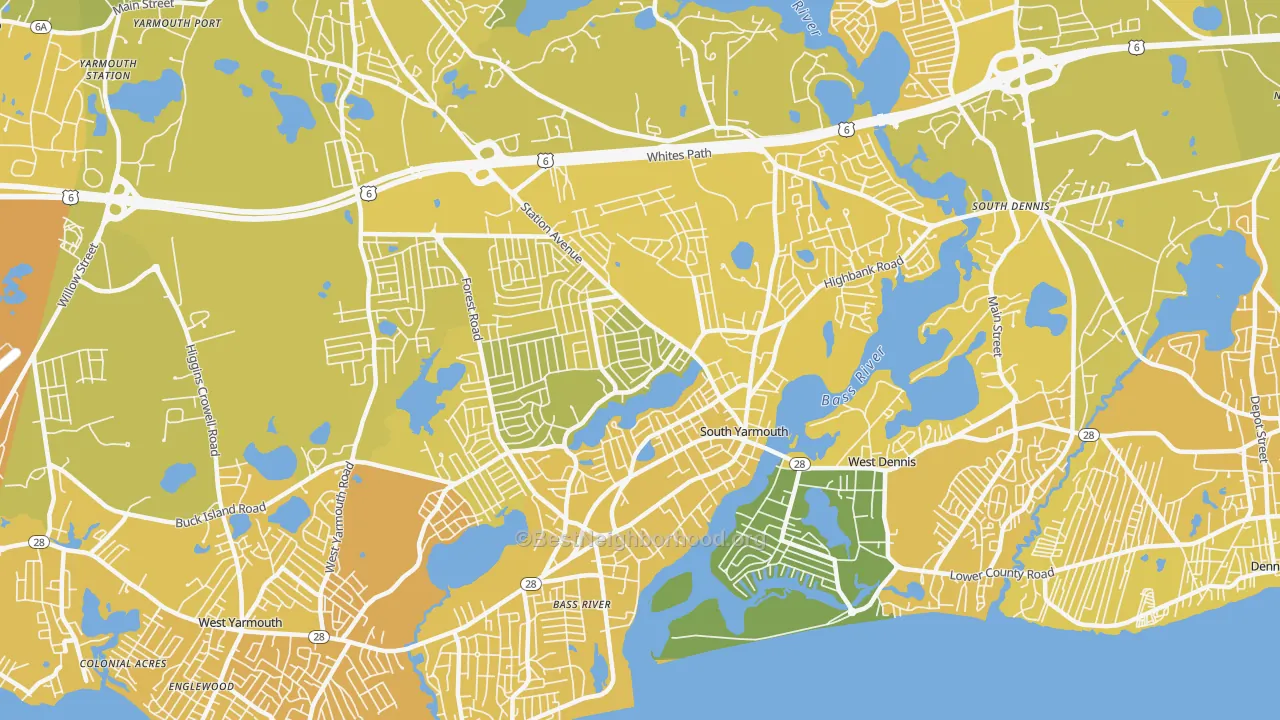 Map of the best neighborhoods in the South Yarmouth area, with better matches in green and worse matches in red