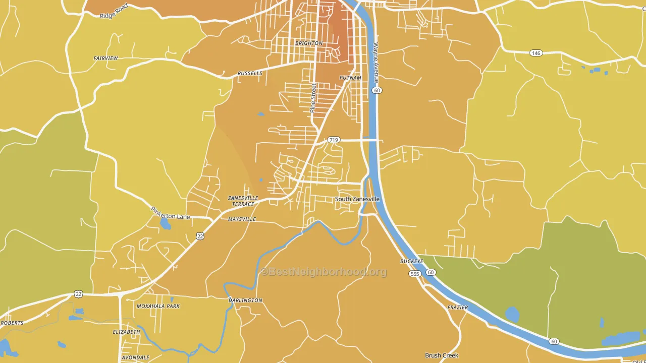 Map of the best neighborhoods in the South Zanesville area, with better matches in green and worse matches in red