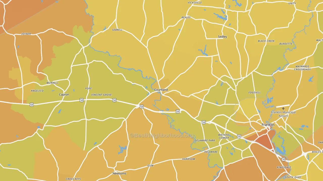 Map of the best neighborhoods in the Southampton County area, with better matches in green and worse matches in red