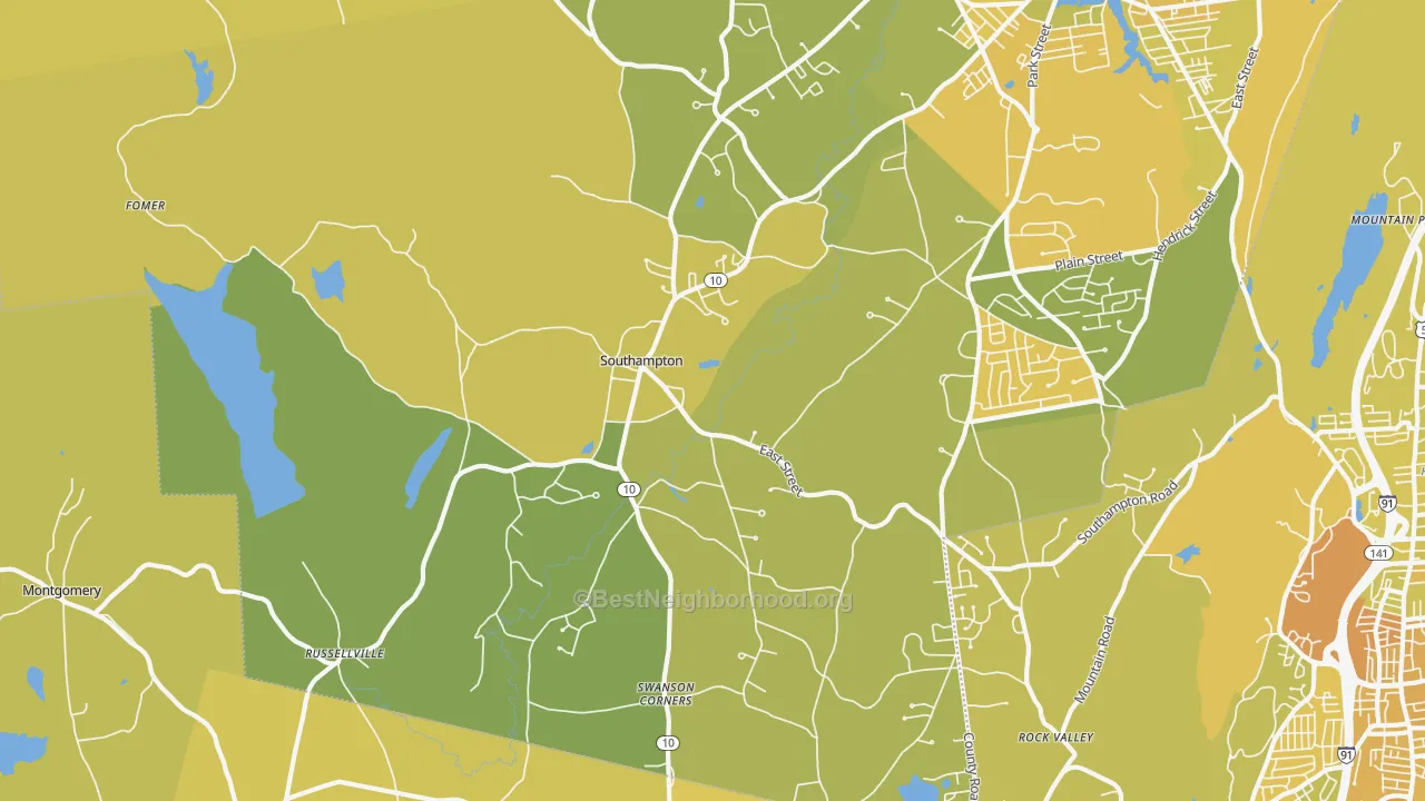 Map of the best neighborhoods in the Southampton area, with better matches in green and worse matches in red
