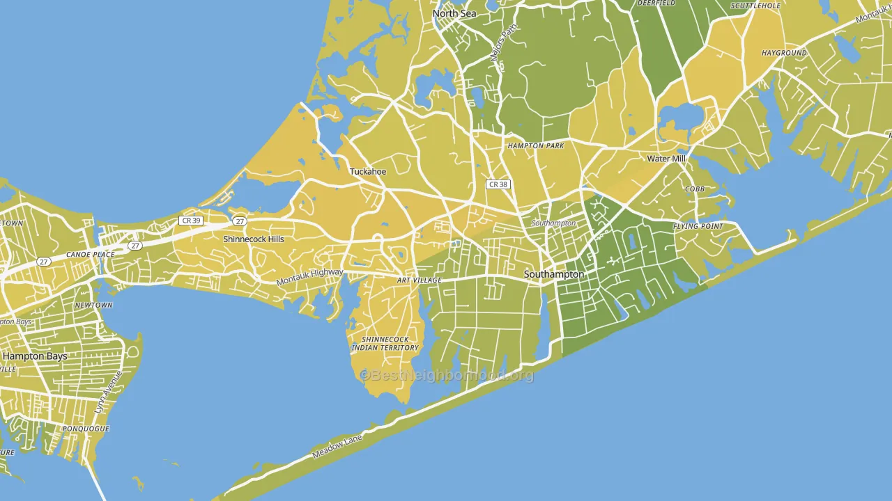 Map of the best neighborhoods in the Southampton area, with better matches in green and worse matches in red