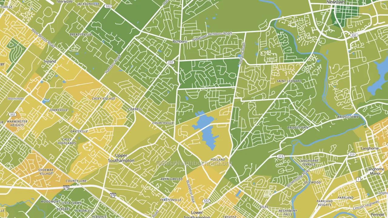 Map of the best neighborhoods in the Southampton area, with better matches in green and worse matches in red