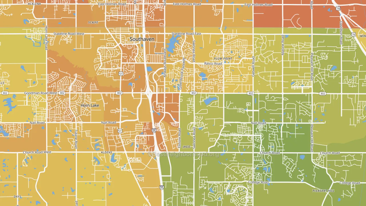 Map of the best neighborhoods in the Southaven area, with better matches in green and worse matches in red