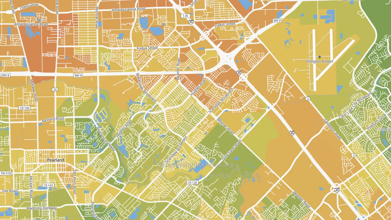 Map of the best neighborhoods in the Southbelt Ellington, Houston area, with better matches in green and worse matches in red
