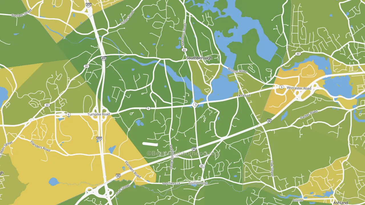 Map of the best neighborhoods in the Southborough area, with better matches in green and worse matches in red