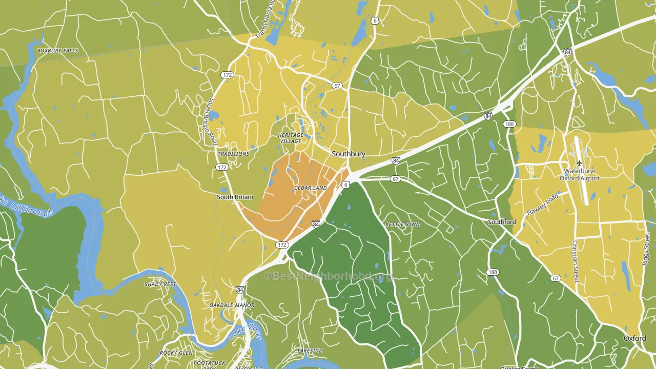 Map of the best neighborhoods in the Southbury area, with better matches in green and worse matches in red