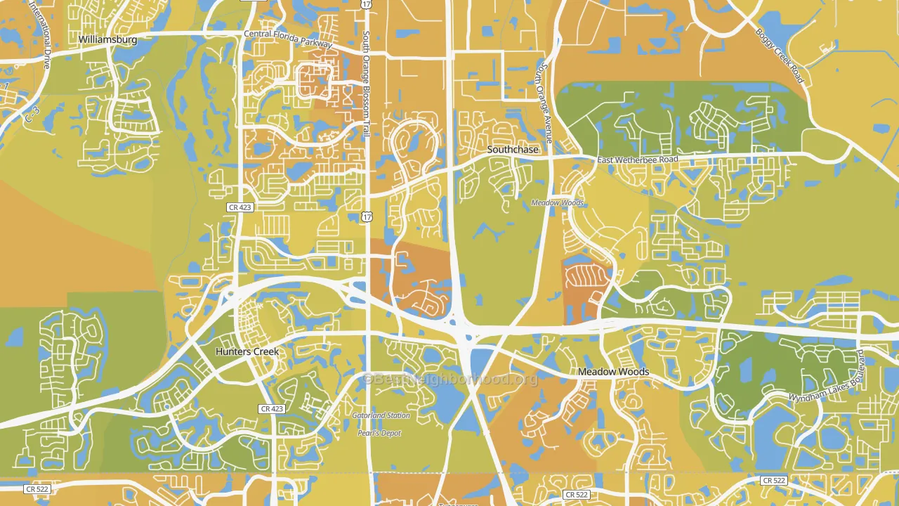 Map of the best neighborhoods in the Southchase area, with better matches in green and worse matches in red