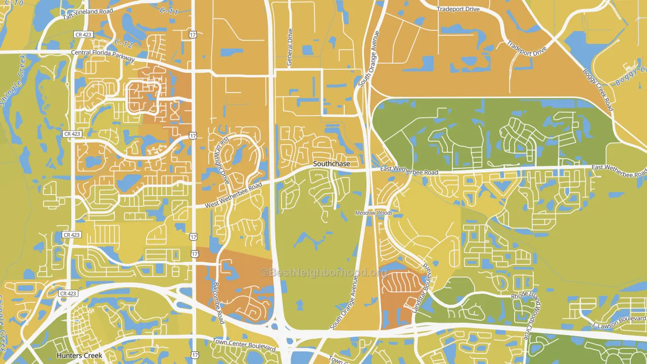 Map of the best neighborhoods in the Southchase Village, Southchase area, with better matches in green and worse matches in red