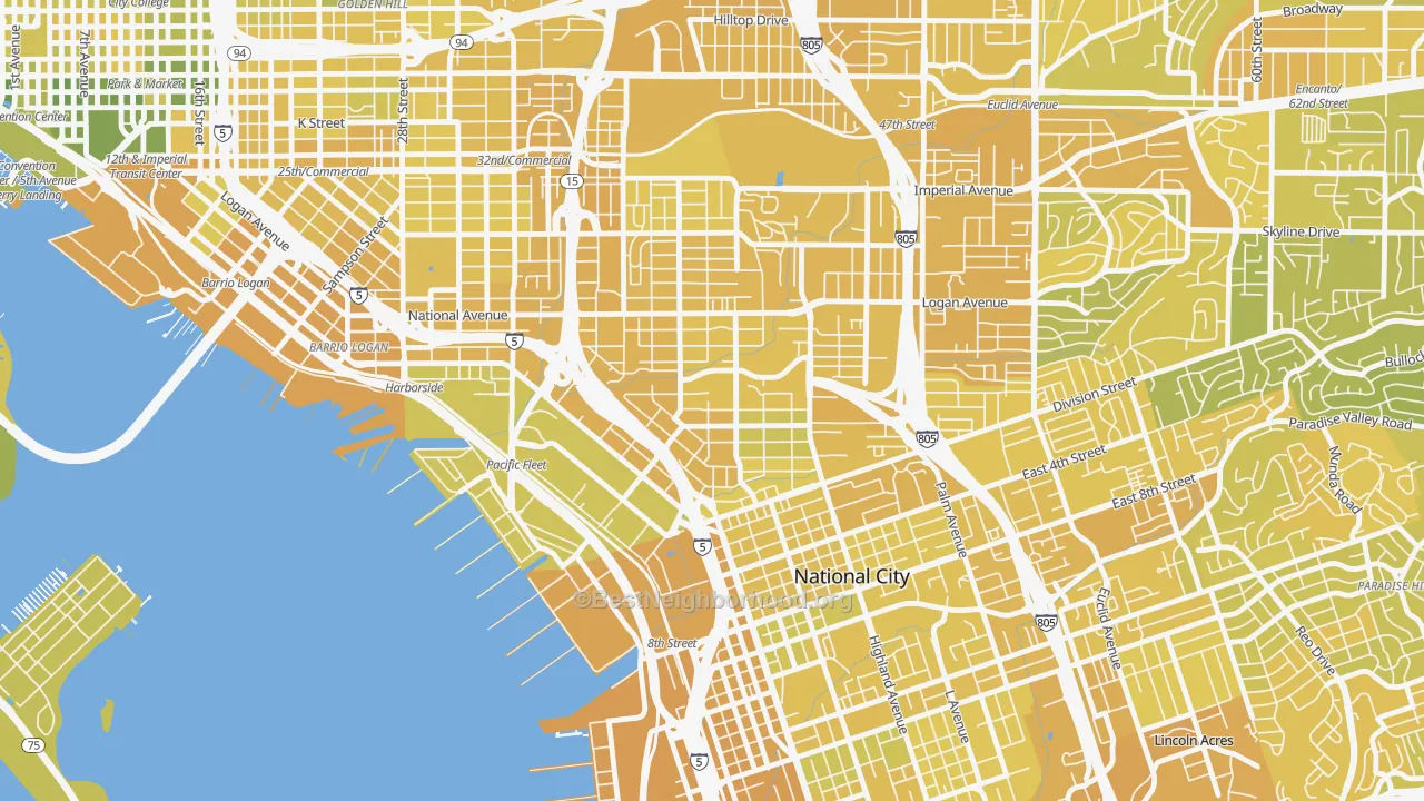 Map of the best neighborhoods in the Southcrest, San Diego area, with better matches in green and worse matches in red