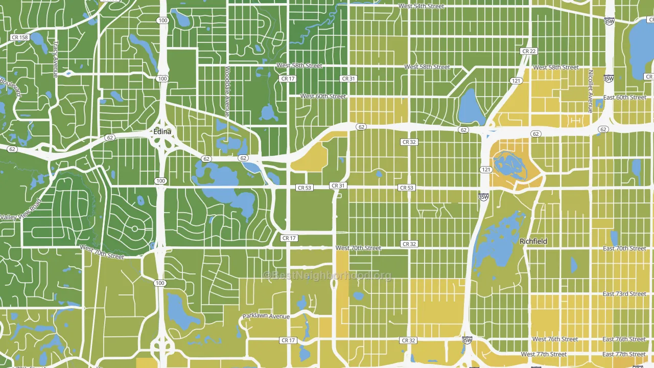 Map of the best neighborhoods in the Southdale, Edina area, with better matches in green and worse matches in red