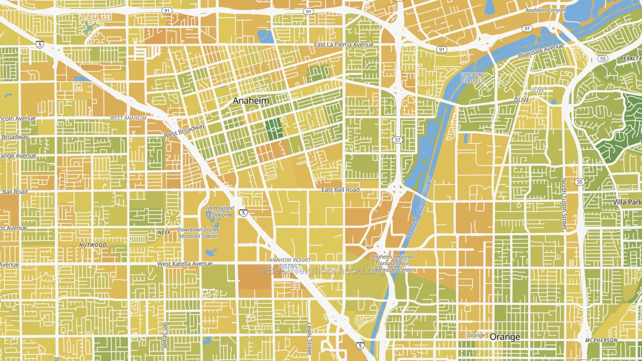 Map of the best neighborhoods in the Southeast, Anaheim area, with better matches in green and worse matches in red