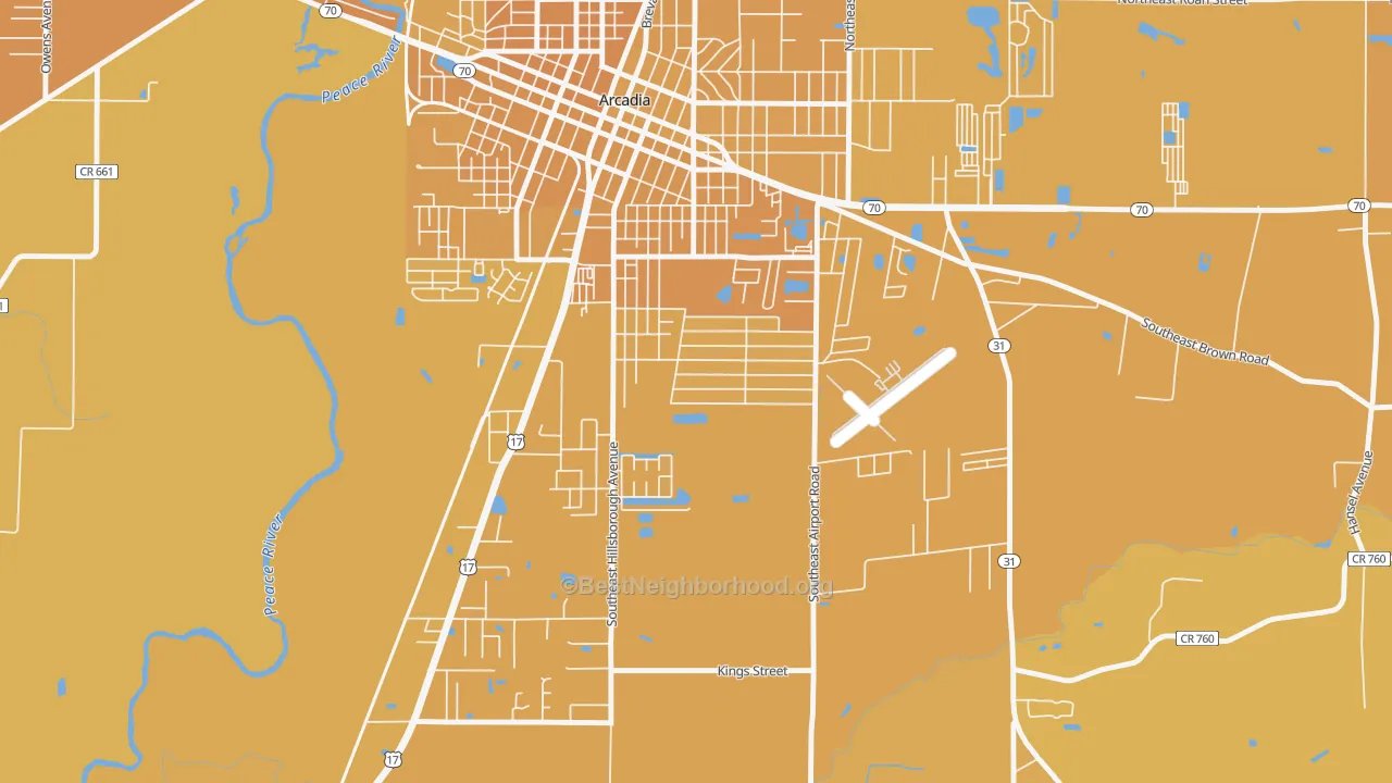 Map of the best neighborhoods in the Southeast Arcadia area, with better matches in green and worse matches in red