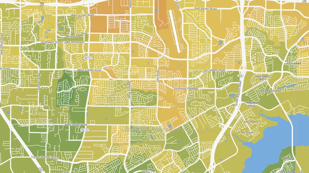 Map of the best neighborhoods in the Southeast Arlington, Arlington area, with better matches in green and worse matches in red