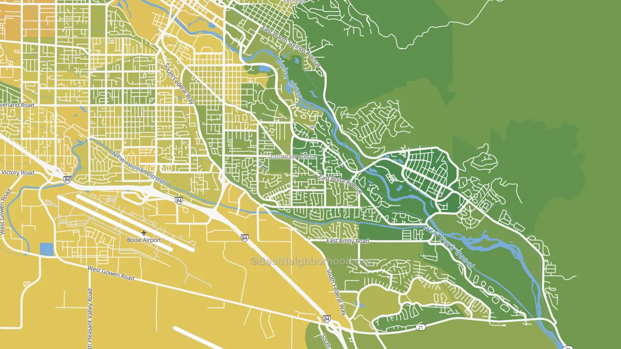 Map of the best neighborhoods in the Southeast Boise, Boise area, with better matches in green and worse matches in red