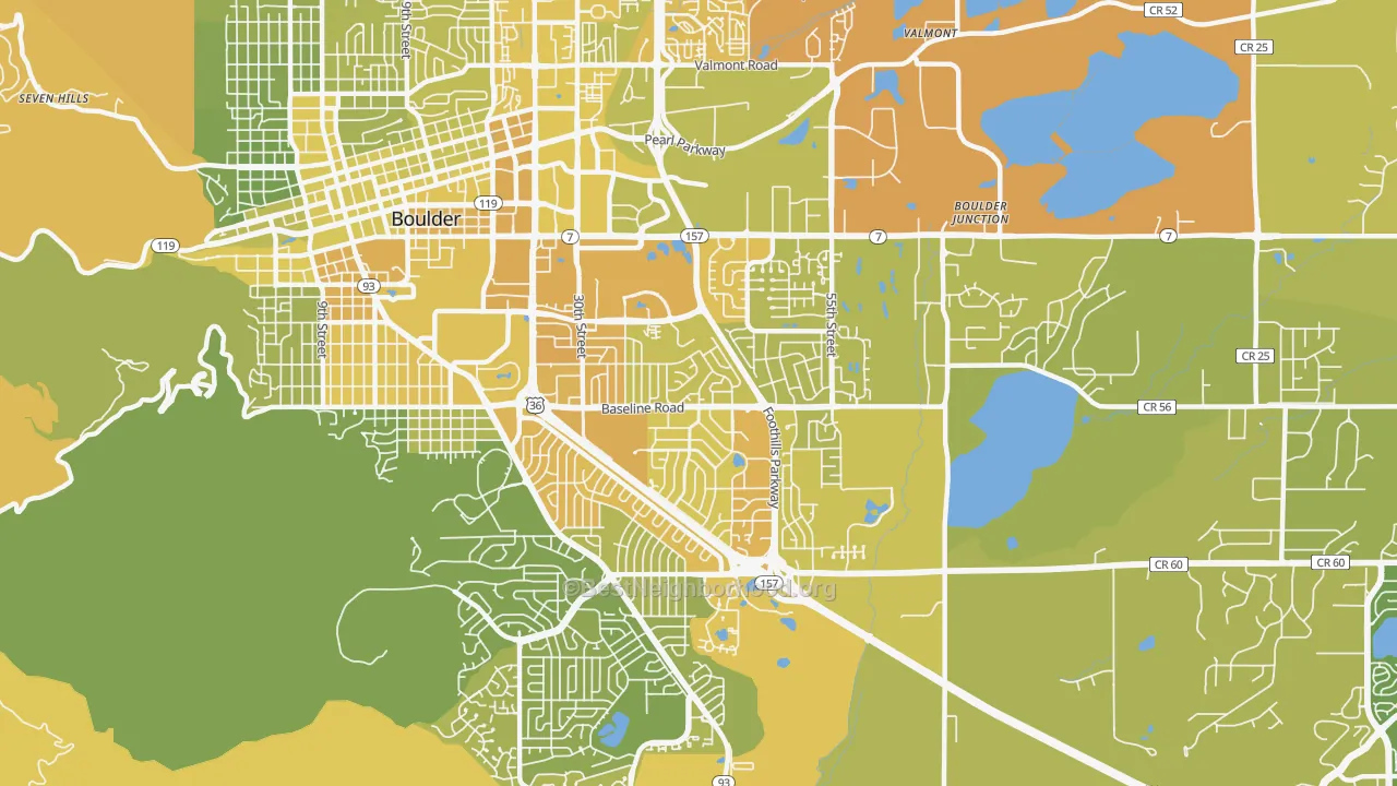Map of the best neighborhoods in the Southeast Boulder, Boulder area, with better matches in green and worse matches in red