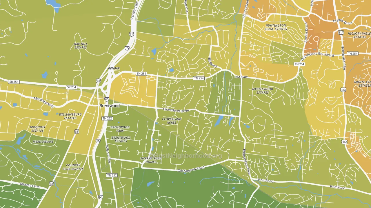 Map of the best neighborhoods in the Southeast, Brentwood area, with better matches in green and worse matches in red