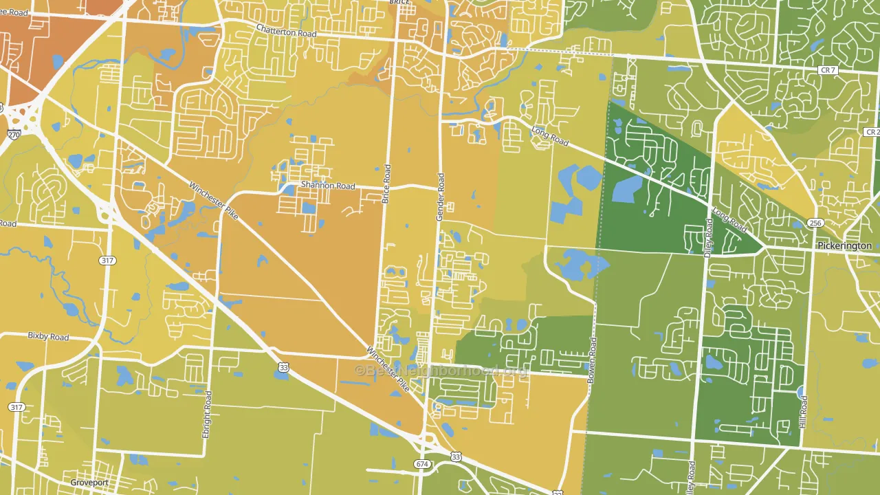 Map of the best neighborhoods in the Southeast, Canal Winchester area, with better matches in green and worse matches in red