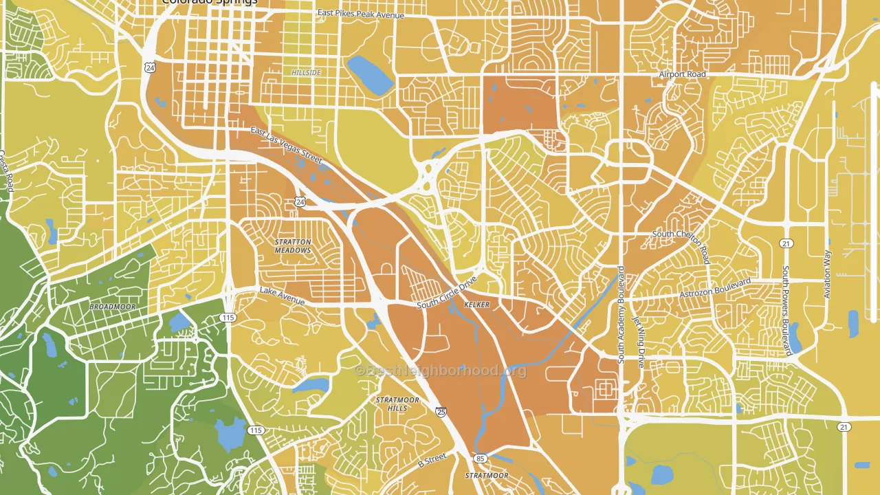Map of the best neighborhoods in the Southeast Colorado Springs, Colorado Springs area, with better matches in green and worse matches in red