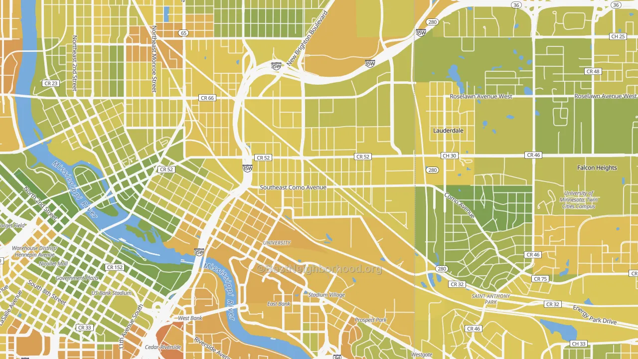 Map of the best neighborhoods in the Southeast Como, Minneapolis area, with better matches in green and worse matches in red
