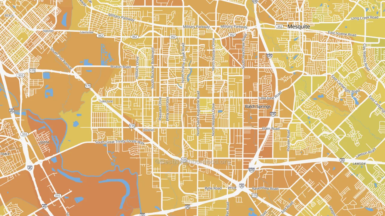Map of the best neighborhoods in the Southeast Dallas, Dallas area, with better matches in green and worse matches in red