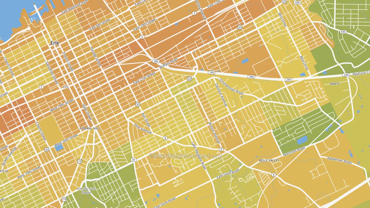 Map of the best neighborhoods in the Southeast Erie, Erie area, with better matches in green and worse matches in red