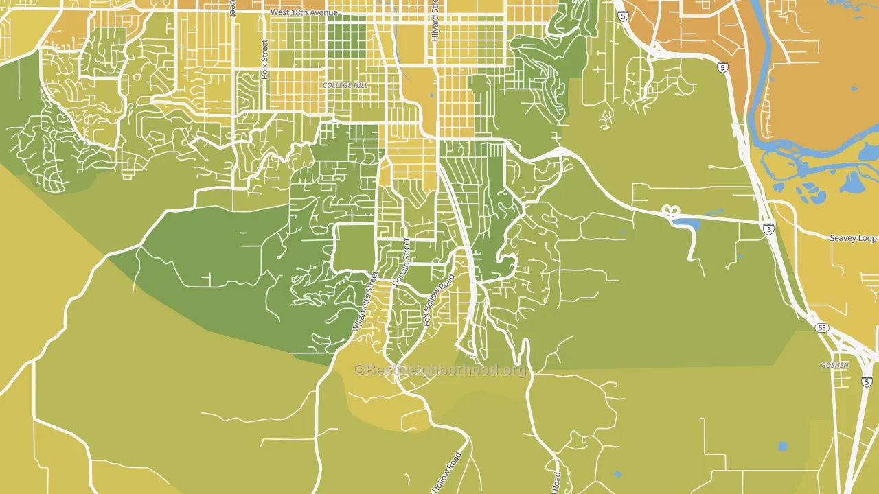 Map of the best neighborhoods in the Southeast, Eugene area, with better matches in green and worse matches in red