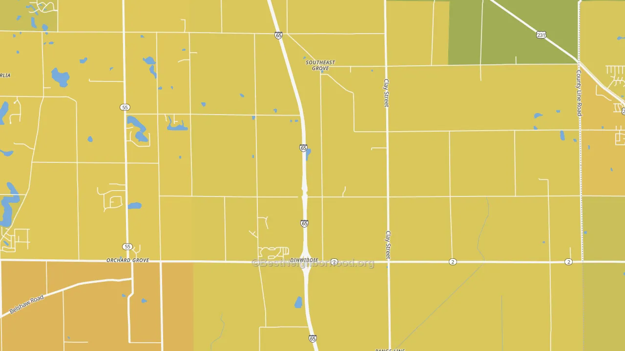 Map of the best neighborhoods in the Southeast Grove area, with better matches in green and worse matches in red